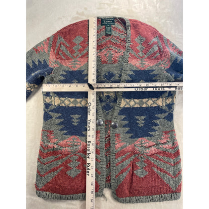 Vintage Exlcusive Hand Knit for Lauren Ralph Lauren Womans Western Aztec Open Knit Sarape Cardigan Sweater -M