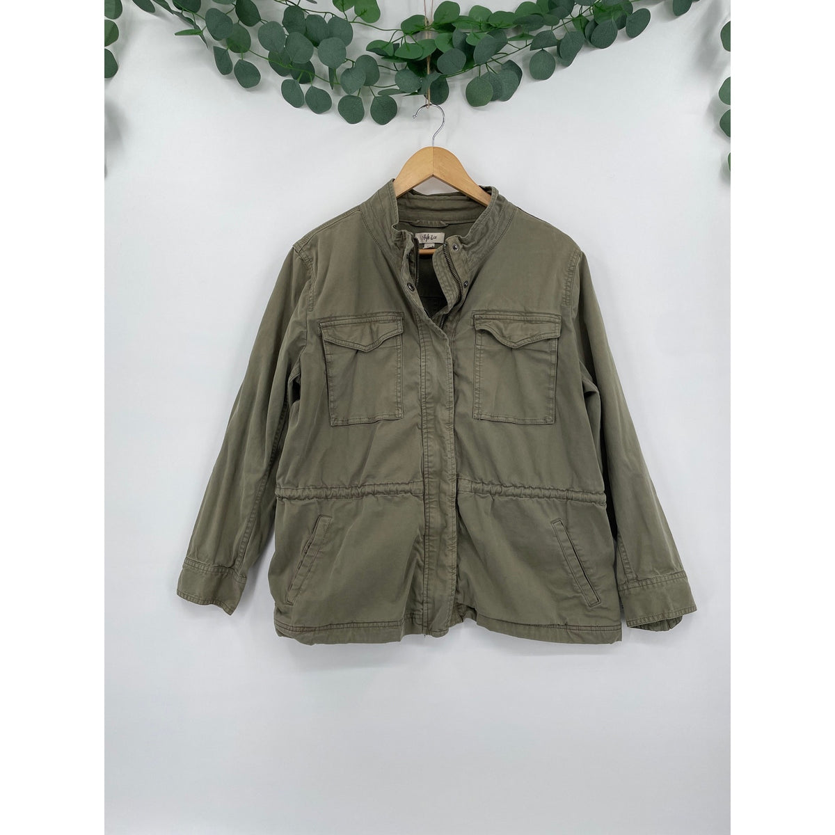 Style & CO Olive Green Cotton Utility Cargo Jacket Zipper Button  PXL