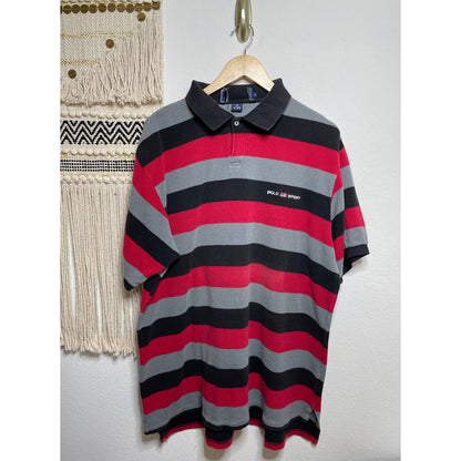 Vintage Red Grey & Black Stripped Mens Polo Short XL