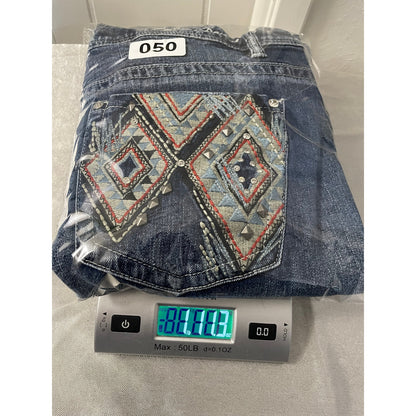 Zenim Denim Western Clear Stones Embroidered Back Pockets Slight Flared Mid Rise Jeans SZ 14
