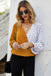 Woman's Style Collection Polka Dot Surplice Neck Lantern Sleeve Blouse
