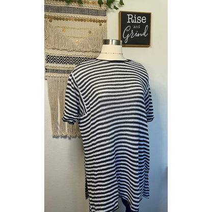 Eileen Fisher Womans Round Neck Stripped Organic Linen Loose Fit Top Large