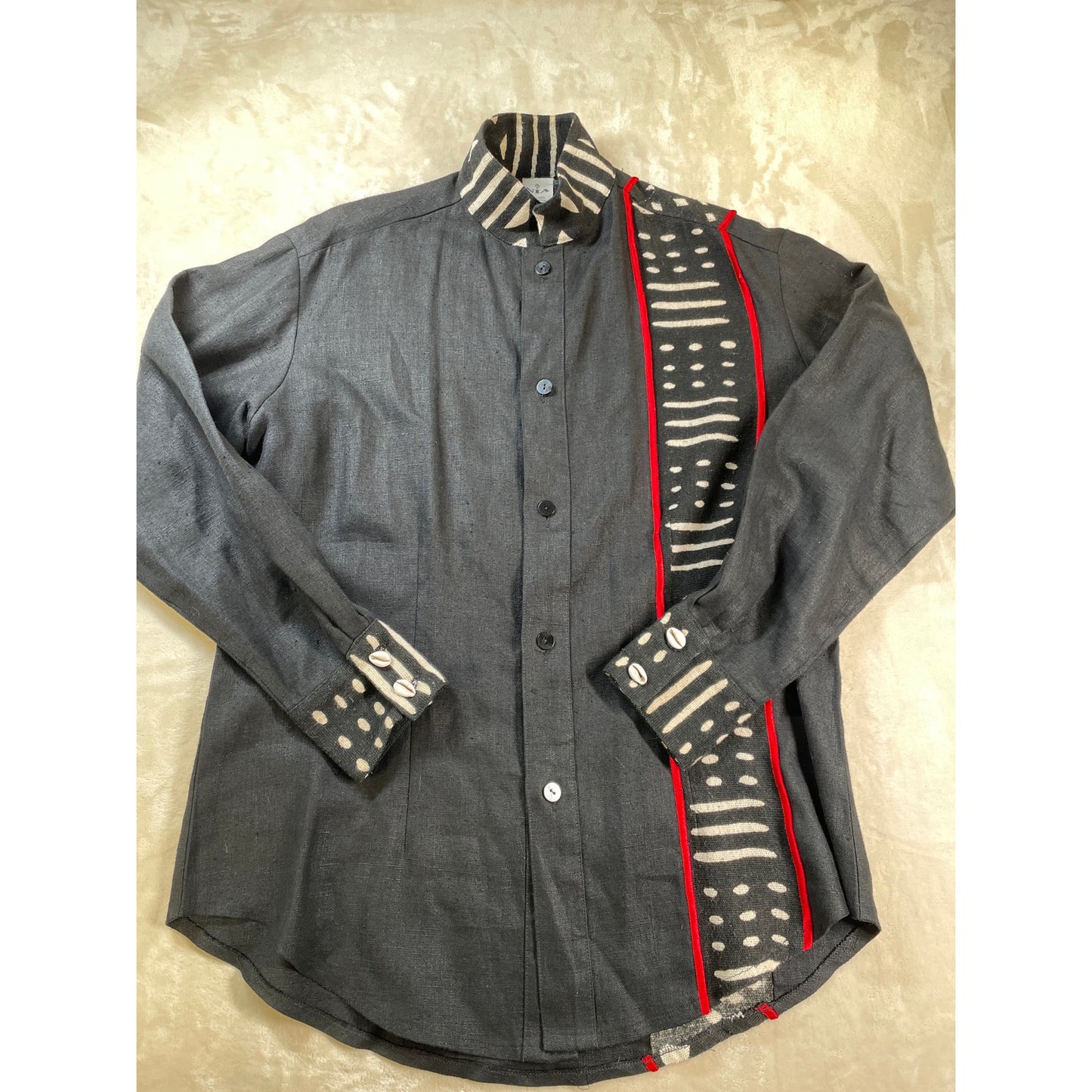 Unisex Vintage NIA Linen Cotton Black and Red Tribal Ethnic Shirt & Pant Set Suit M