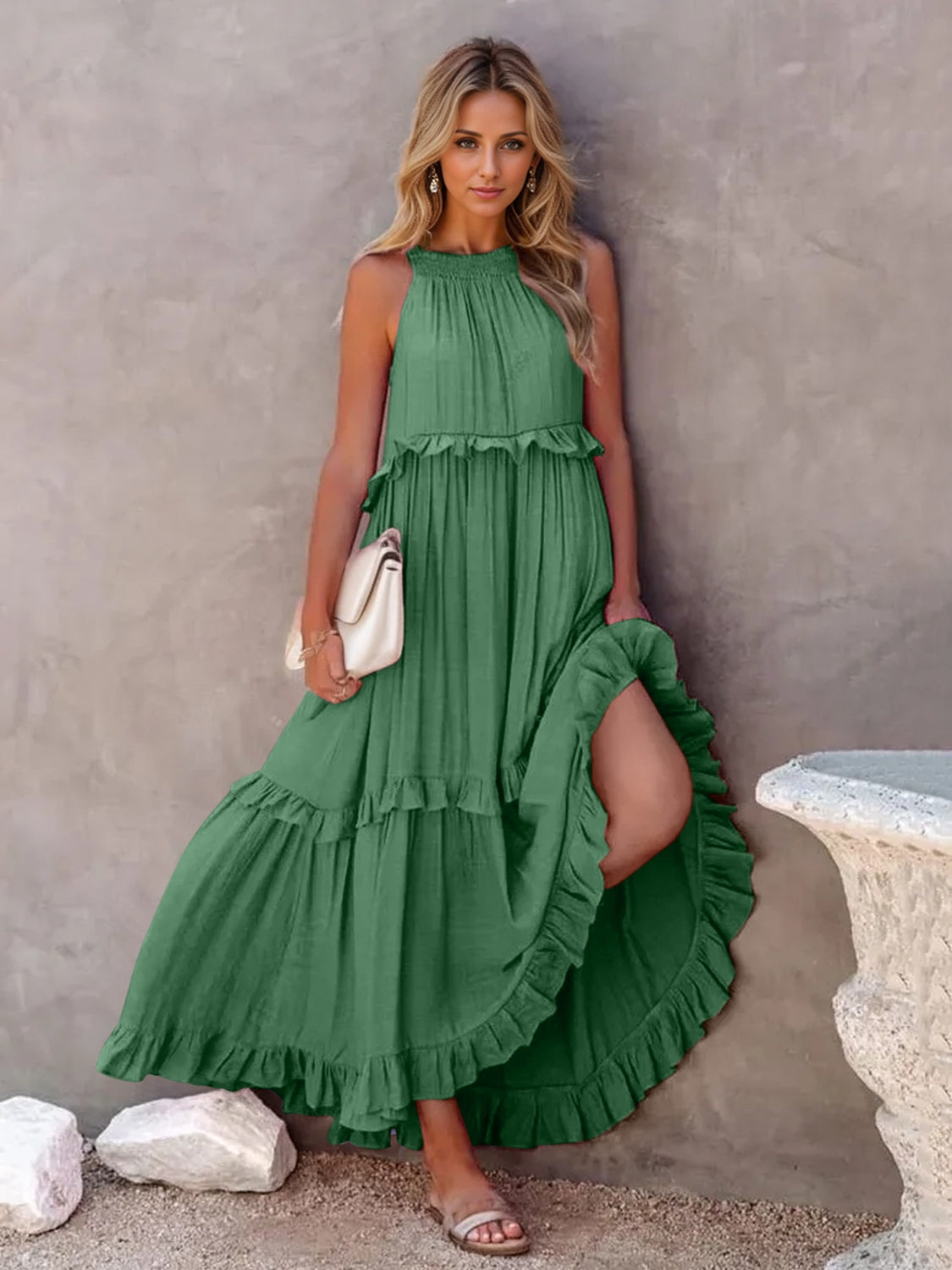 Woman's Style Collection Ruffled Sleeveless Tiered Maxi Dress with Pockets