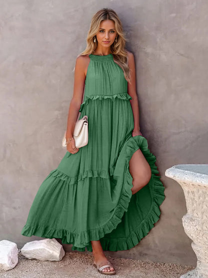 Woman's Style Collection Ruffled Sleeveless Tiered Maxi Dress with Pockets