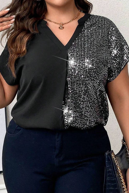 Woman's Style Collection Plus Size Sequin Notched Short Sleeve T-Shirt