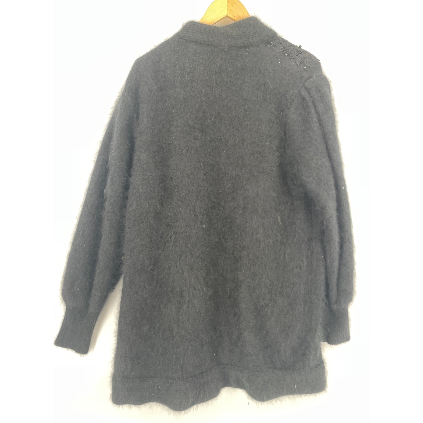 VTG 90's Black Front Beaded Crochet Angora Open Long Sleeved Lined Coat Made in Mexico one side fits all