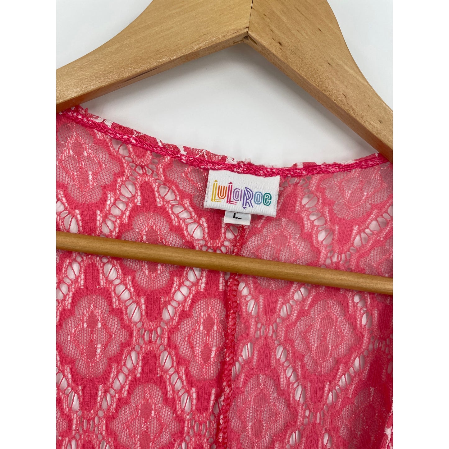 LulaRoe Womans Coral Pink White Lace Style Kimono Duster Coverup Large