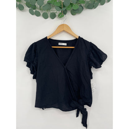 Black Casual Chic Wrap Womans Side Tie Top Flutter Sleeve Large