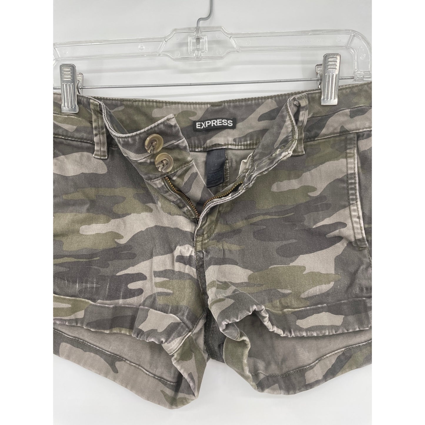 Express Woman Camo Mid-Rise Button-fly Zipper Y2K Shortie Shorts Size 6