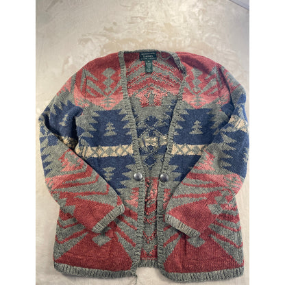 Vintage Exlcusive Hand Knit for Lauren Ralph Lauren Womans Western Aztec Open Knit Sarape Cardigan Sweater -M