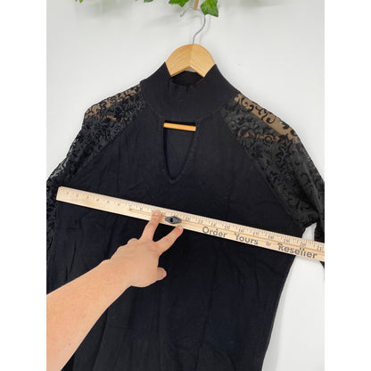 August Silk Black Top with Lace Sleeves Mock Turtleneck Blouse XLe