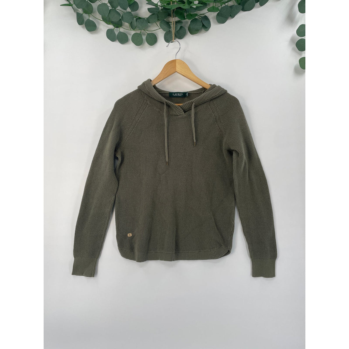 Lauren Ralph Lauren LRL Olive Green Waffle Knit Hoodie Pullover Hoodie Sweater Medium