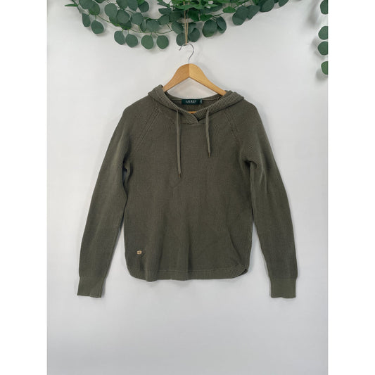 Lauren Ralph Lauren LRL Olive Green Waffle Knit Hoodie Pullover Hoodie Sweater Medium
