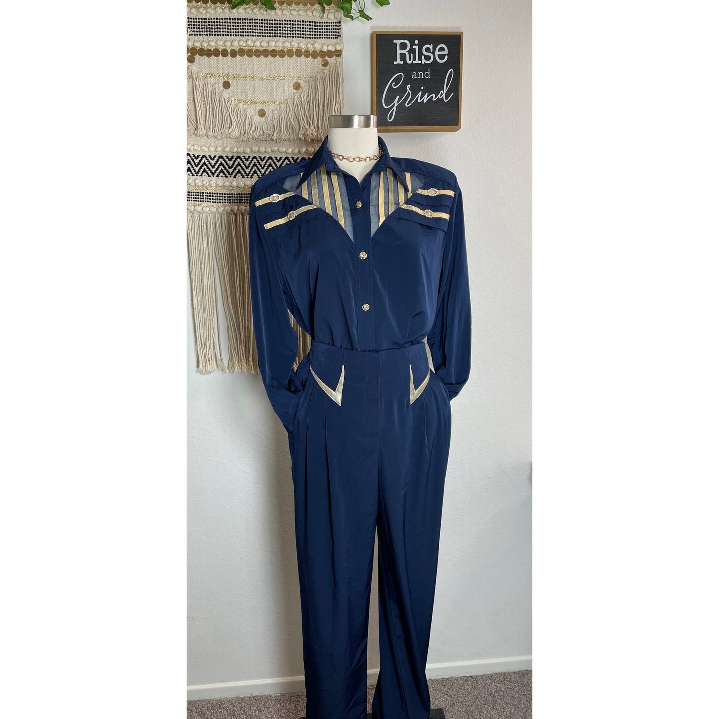 Vintage 80's Rio Woman’s Navy Captains Blouse Pant Suit Sailor Set Small