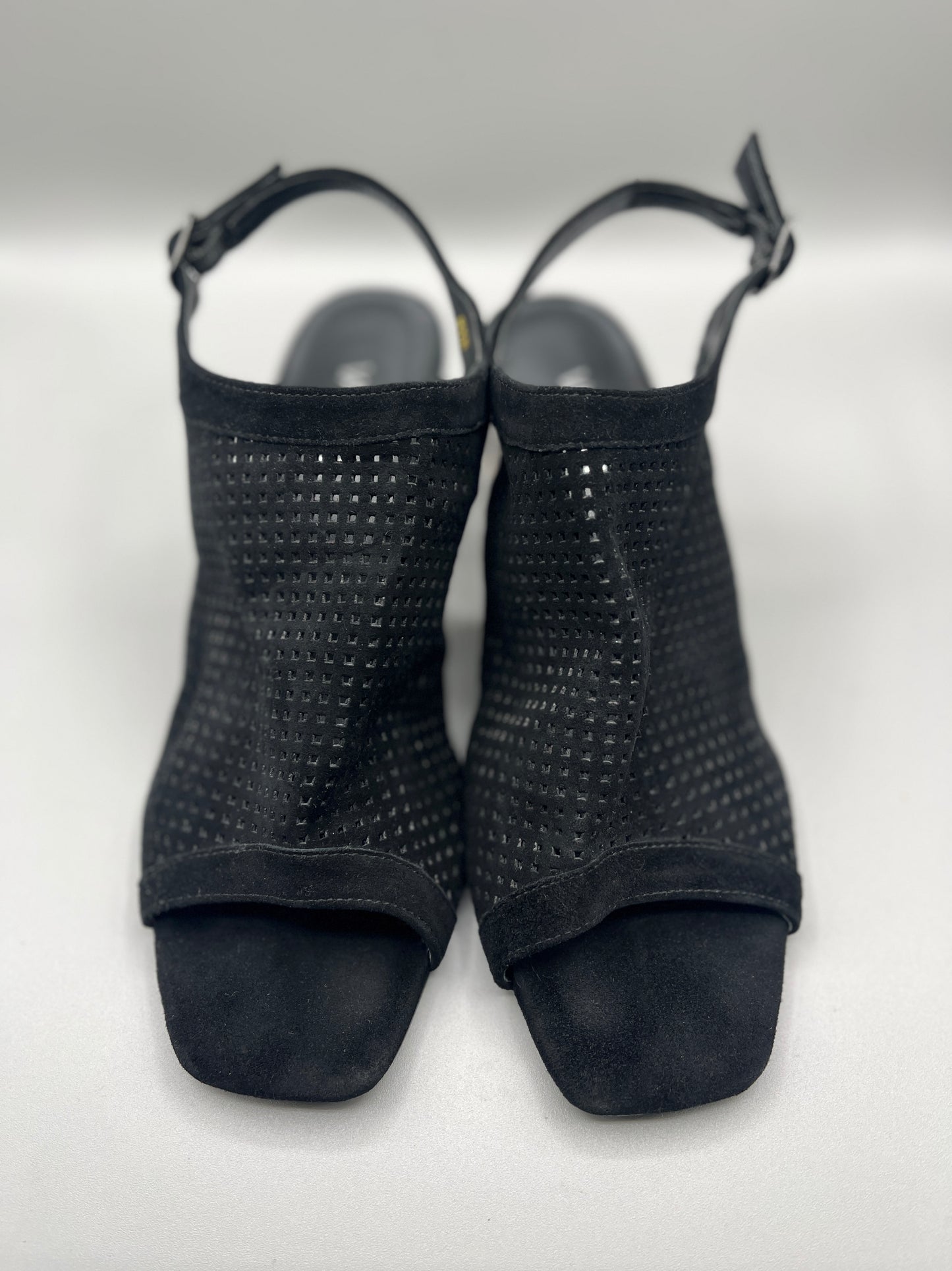 Vaneli Black Suede like peep toe shoe with clear heel