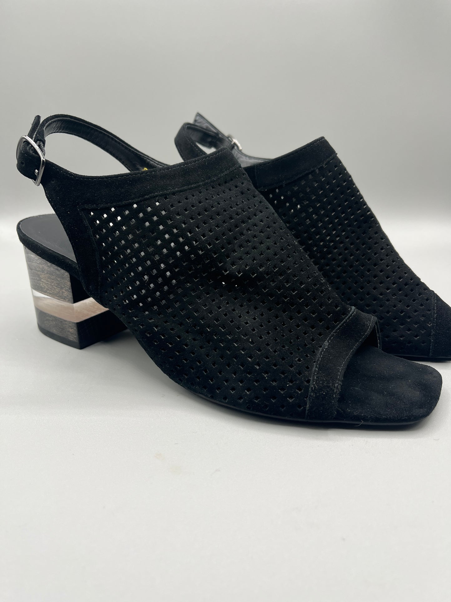 Vaneli Black Suede like peep toe shoe with clear heel