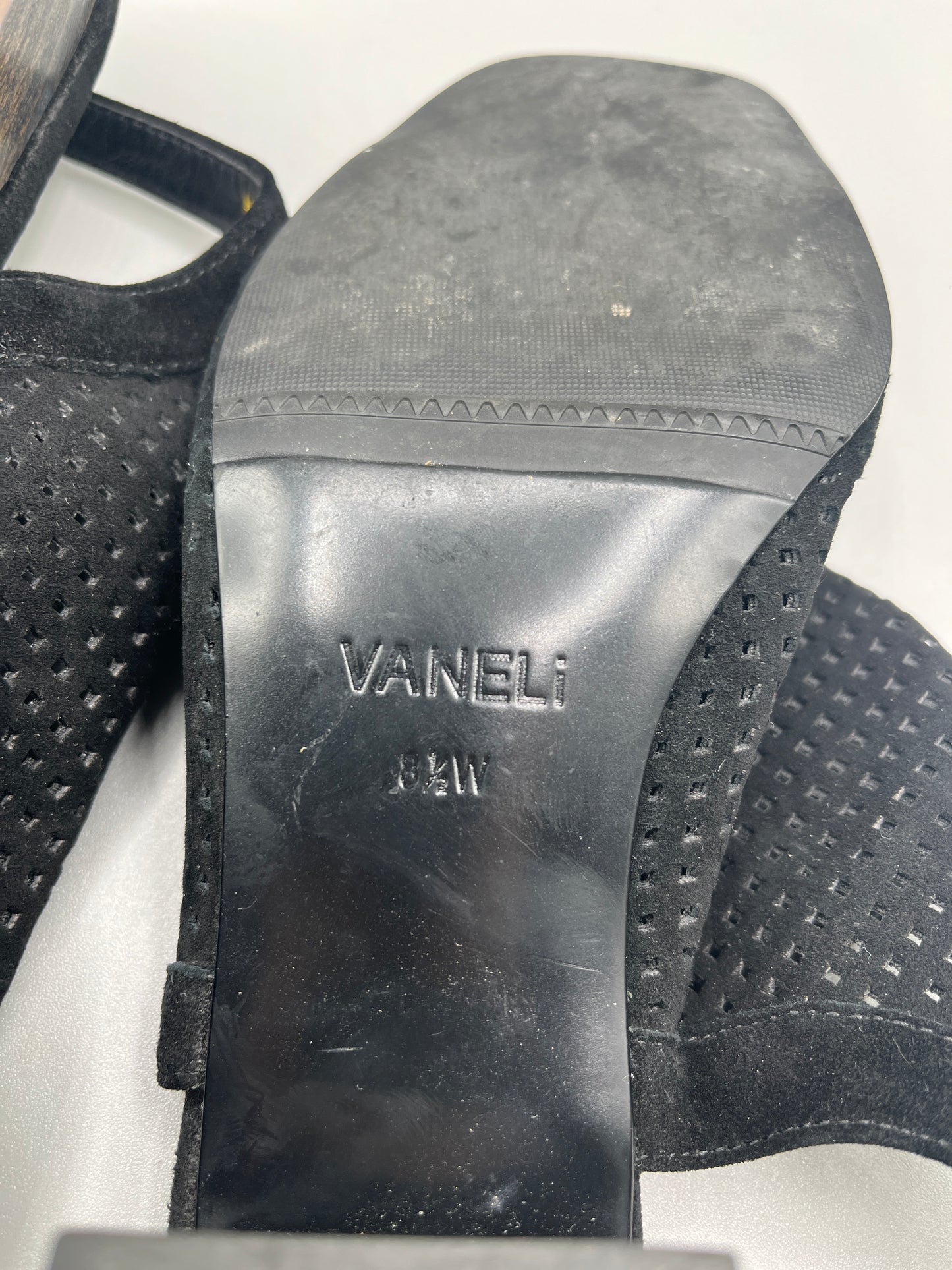 Vaneli Black Suede like peep toe shoe with clear heel