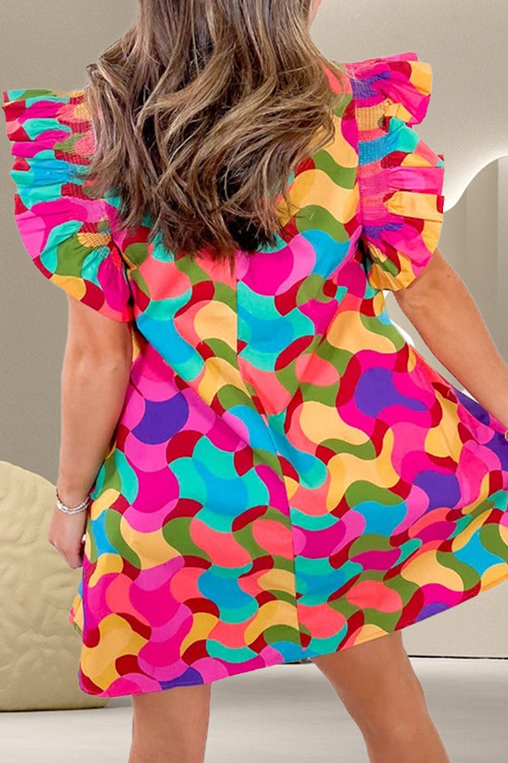 Woman's Style Collection Print Round Neck Cap Sleeve Mini Dress