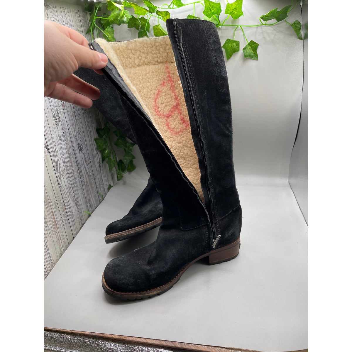 UGG Broome Suede Tall Sherpa Lined Zipper Shearling Boots Size 7