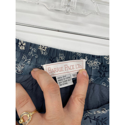 Barrie Pace LTD Vintage 100% Silk Blue Paisley Floral Cottage Wrap Midi Skirt 12