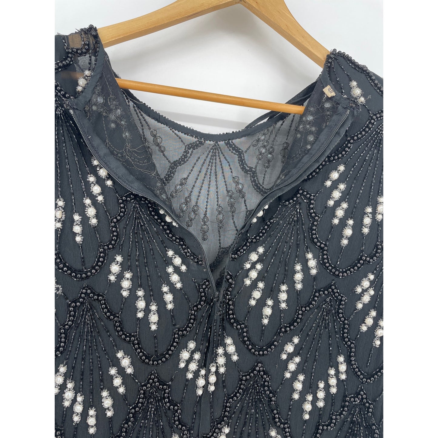 Vintage Black Embroidered Beaded Scalloped Top L