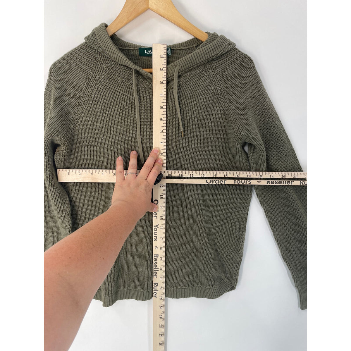 Lauren Ralph Lauren LRL Olive Green Waffle Knit Hoodie Pullover Hoodie Sweater Medium