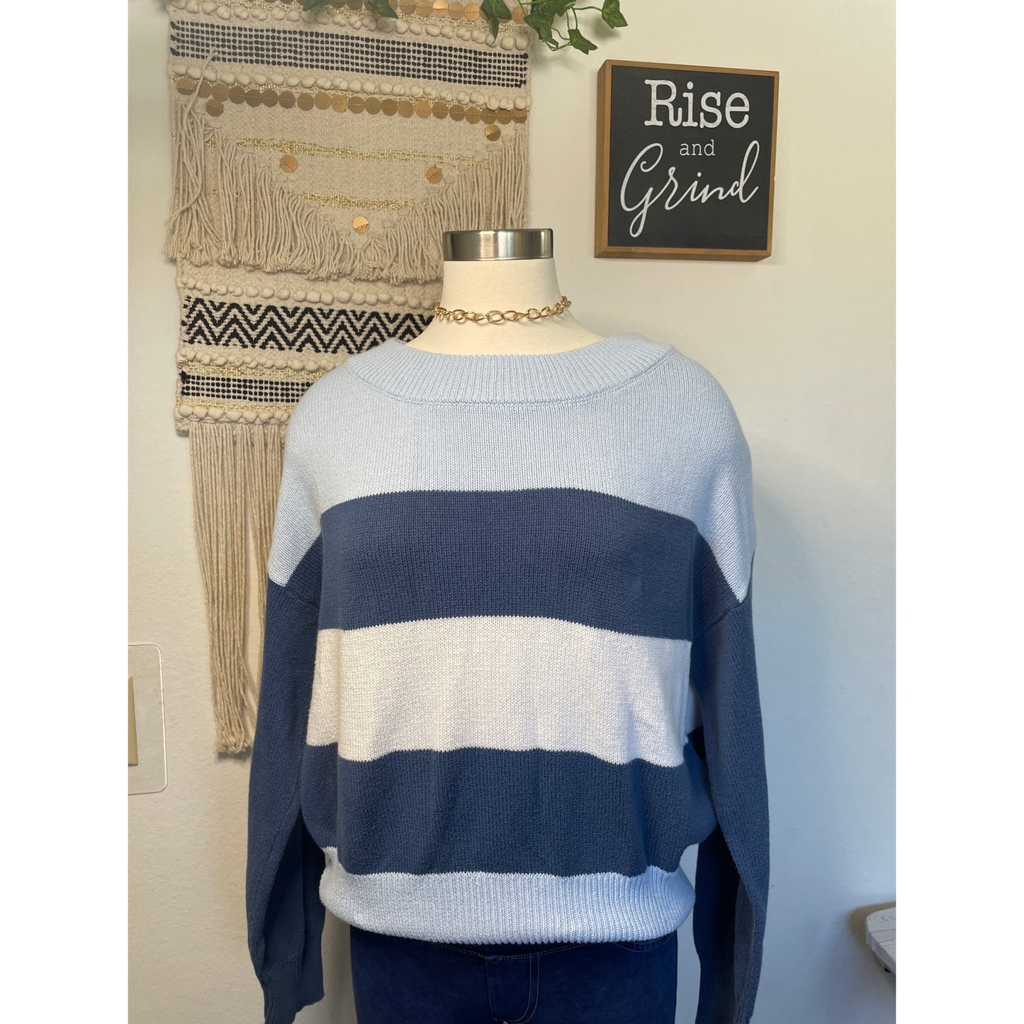 Lucky Brand Womans Light Blue Striped Knit Sweater M