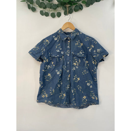 Liz Claiborne Lizwear Jeans Denim Blue 100% Cotton Floral Button Up Size L