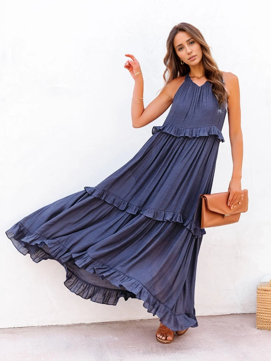 Woman's Style Collection Ruffled Sleeveless Tiered Maxi Dress with Pockets