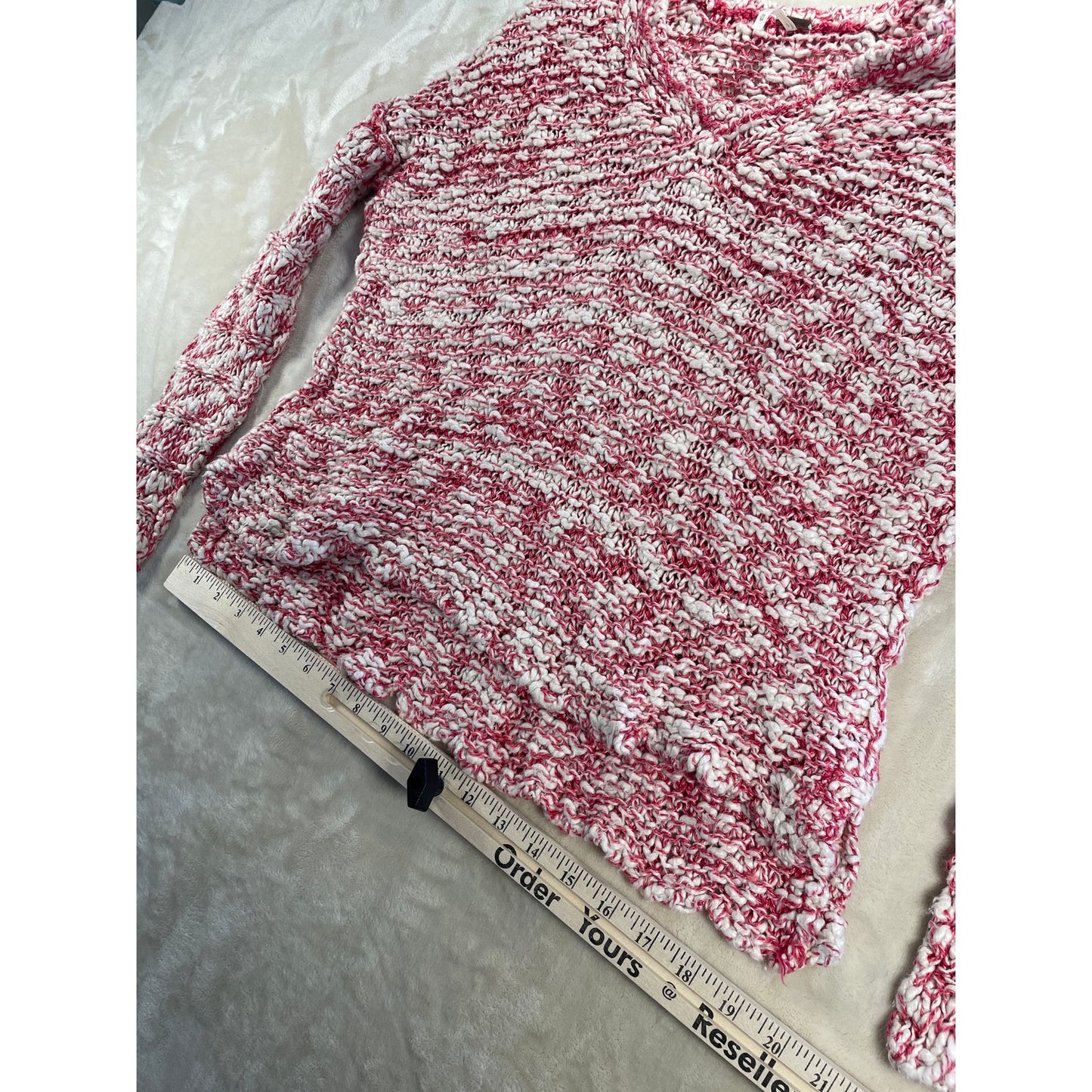 Free People Womans Stretchy Red & Cream V Neck Knit Sweater Top M