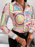 Woman's Style Collection Printed Collared Neck Long Sleeve Blouse