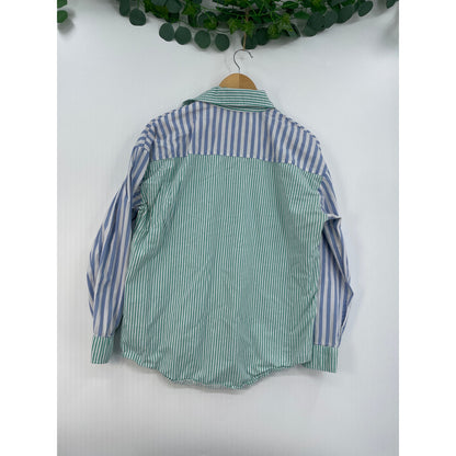 Matching Set Green Blue White %100 Cotton Womans Long Sleeve Button Shirt Shorts Size Med