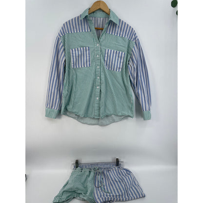 Matching Set Green Blue White %100 Cotton Womans Long Sleeve Button Shirt Shorts Size Med