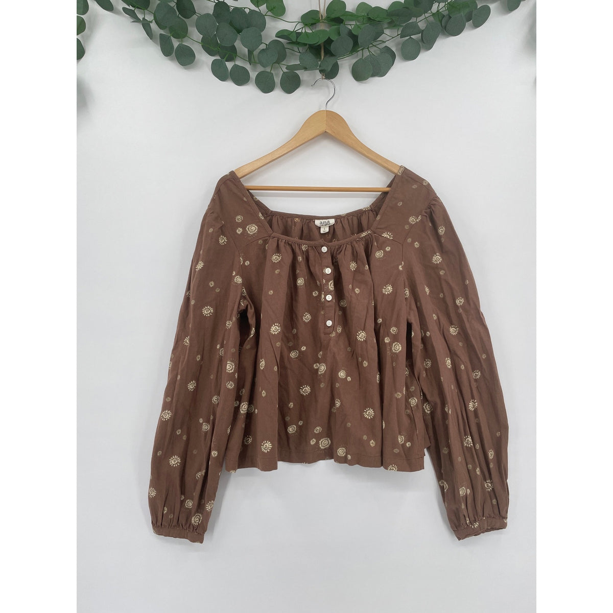 a.n.a a new approach 100% Cotton Brown Flowy Floral BOHO Off The Shoulder Fit Blouse Large