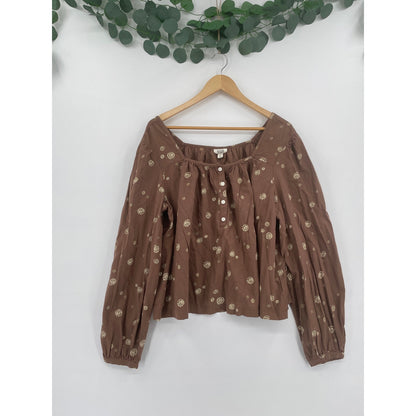 a.n.a a new approach 100% Cotton Brown Flowy Floral BOHO Off The Shoulder Fit Blouse Large