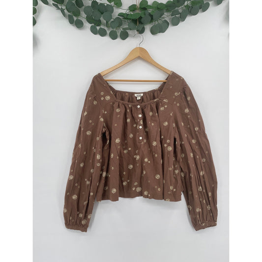 a.n.a a new approach 100% Cotton Brown Flowy Floral BOHO Off The Shoulder Fit Blouse Large