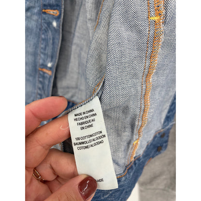 Lucky Brand Distressed 100% Cotton Denim Jacket with Grey Sweater Sleeves Small