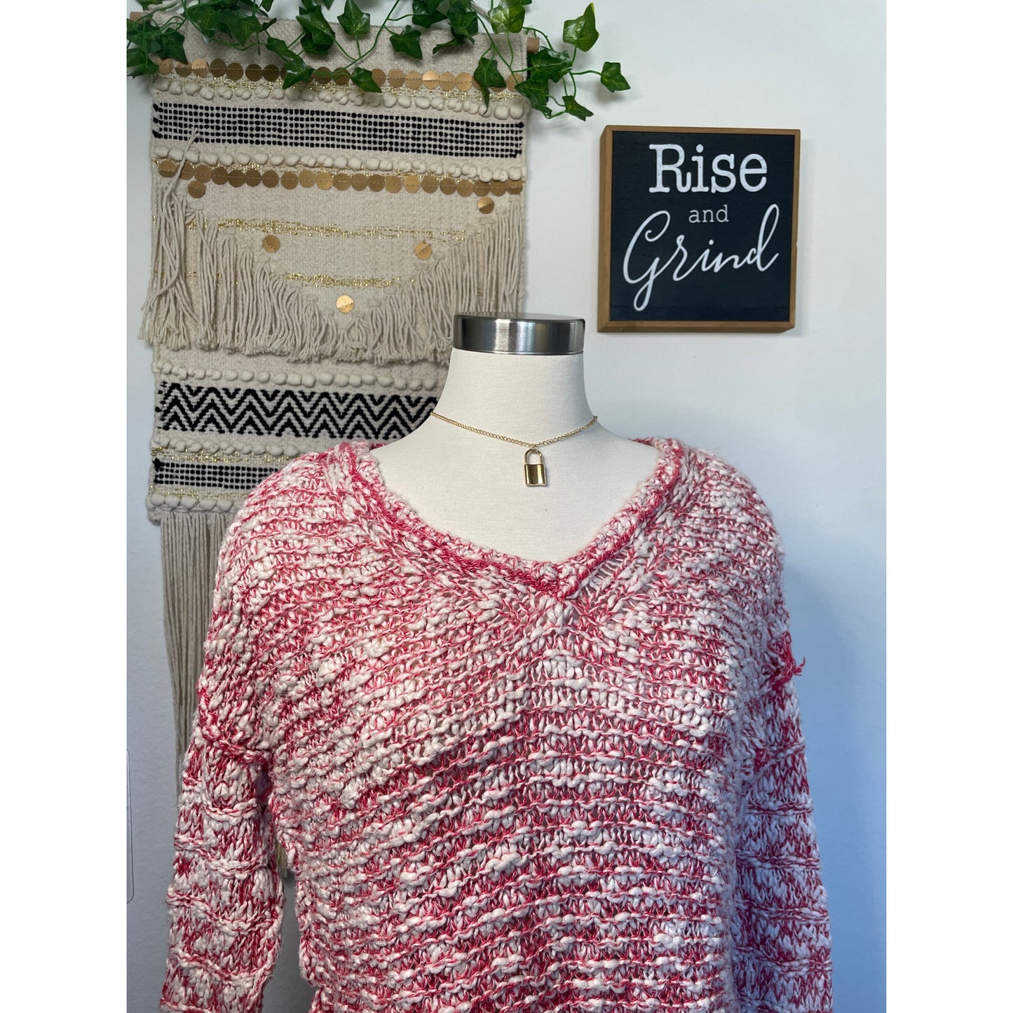 Free People Womans Stretchy Red & Cream V Neck Knit Sweater Top M