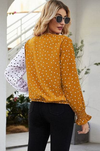 Woman's Style Collection Polka Dot Surplice Neck Lantern Sleeve Blouse