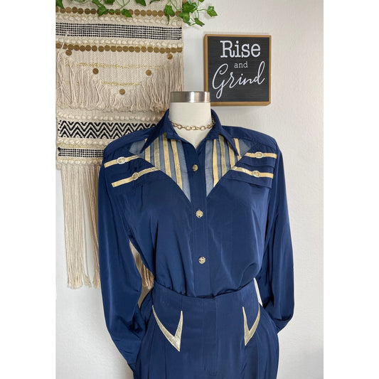Vintage 80's Rio Woman’s Navy Captains Blouse Pant Suit Sailor Set Small