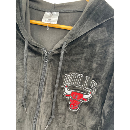 NBA Chicago Bulls Basketball Logo Velour Black Zipper Hoodie XL