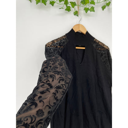 August Silk Black Top with Lace Sleeves Mock Turtleneck Blouse XLe