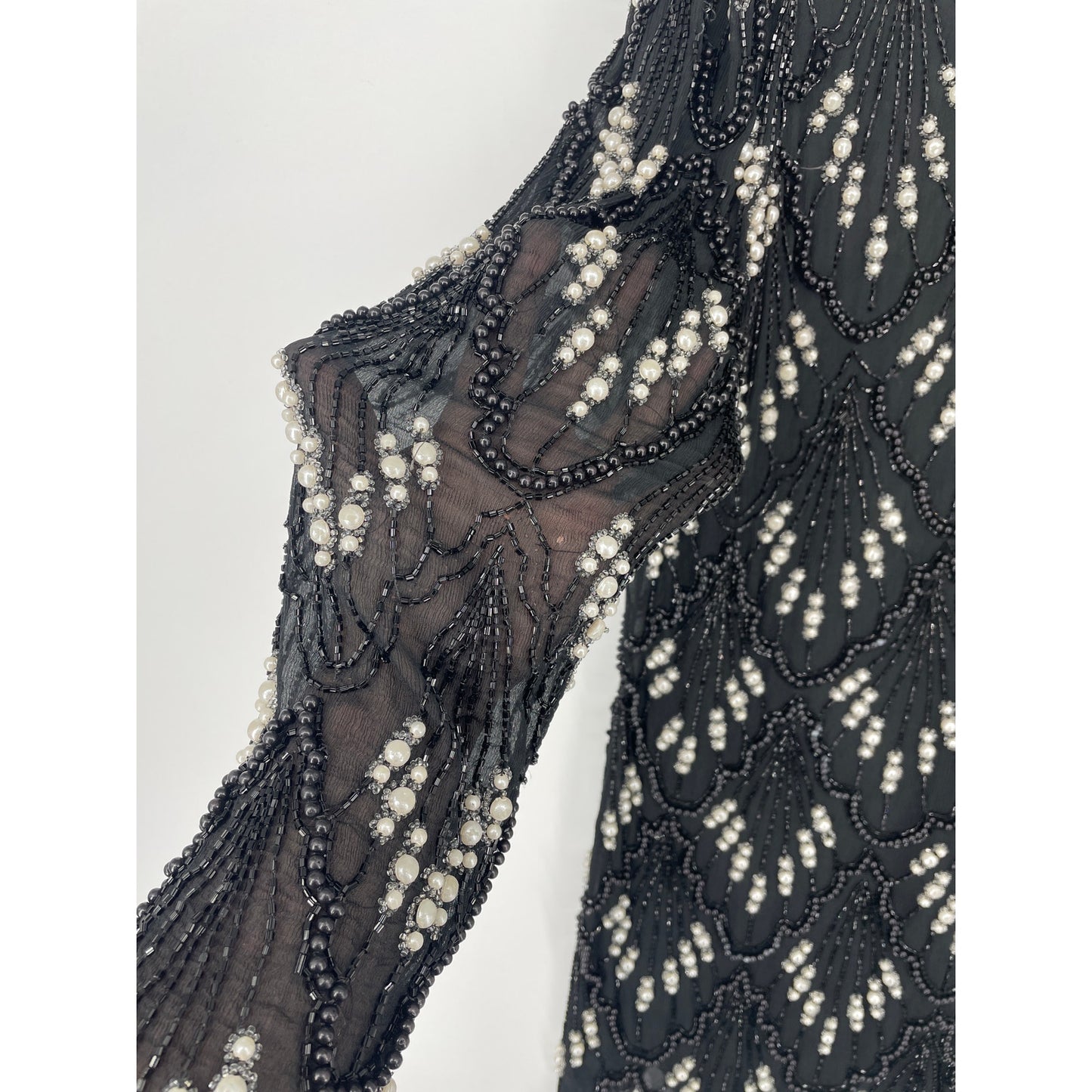 Vintage Black Embroidered Beaded Scalloped Top L