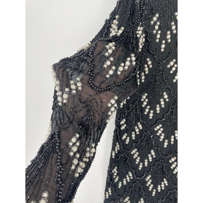 Vintage Black Embroidered Beaded Scalloped Top L