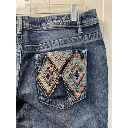 Zenim Denim Western Clear Stones Embroidered Back Pockets Slight Flared Mid Rise Jeans SZ 14
