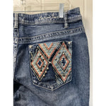 Zenim Denim Western Clear Stones Embroidered Back Pockets Slight Flared Mid Rise Jeans SZ 14