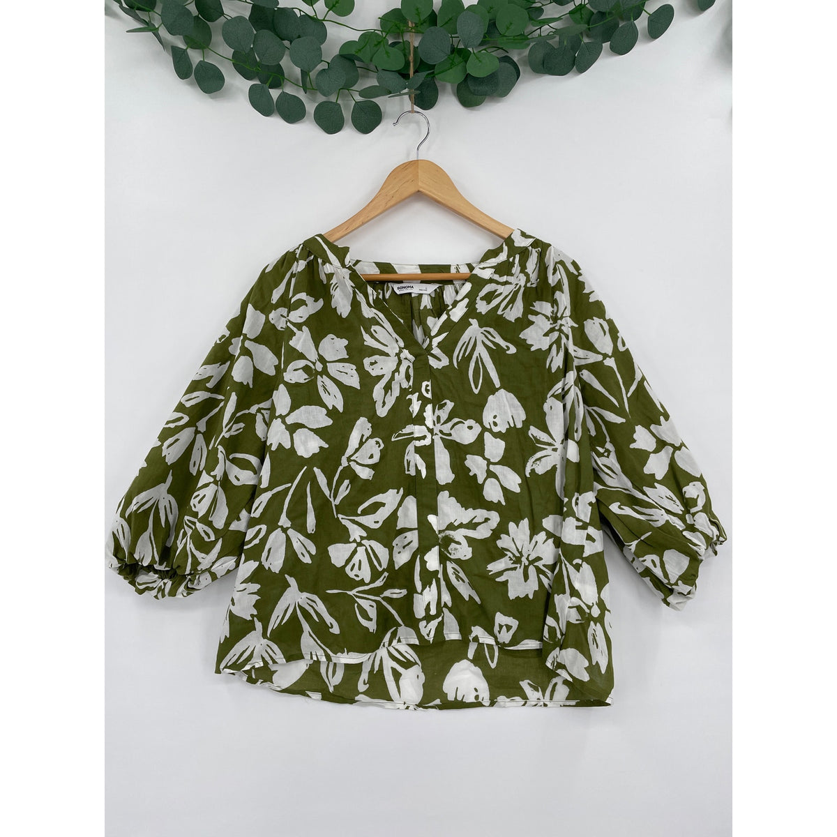 Sonoma V-Neck 3/4 Puff Sleeve Olive Green & White Peasant Blouse Large