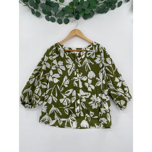 Sonoma V-Neck 3/4 Puff Sleeve Olive Green & White Peasant Blouse Large