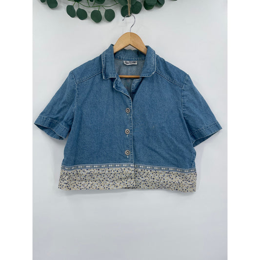 Nina Piccalino Vintage Cottage Core Short Sleeve Denim Button Boxy Fit Shirt Floral Trim Med